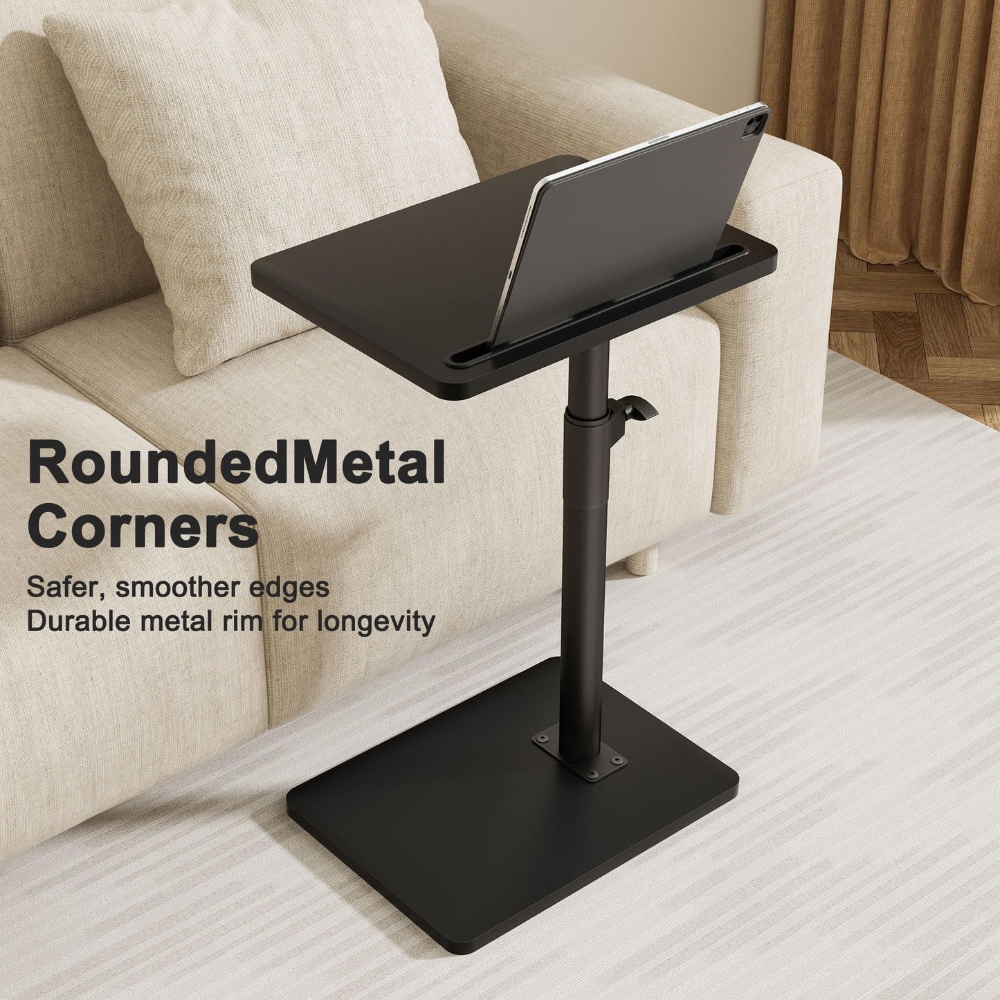 YUHFERA Sofa Armrest Tray Table for Couch - 360° Swivel Height Adjustable End for Small Spaces, Snack Side Table for Bed or Chair with Phone & Tablet Slot (Black,Standard)