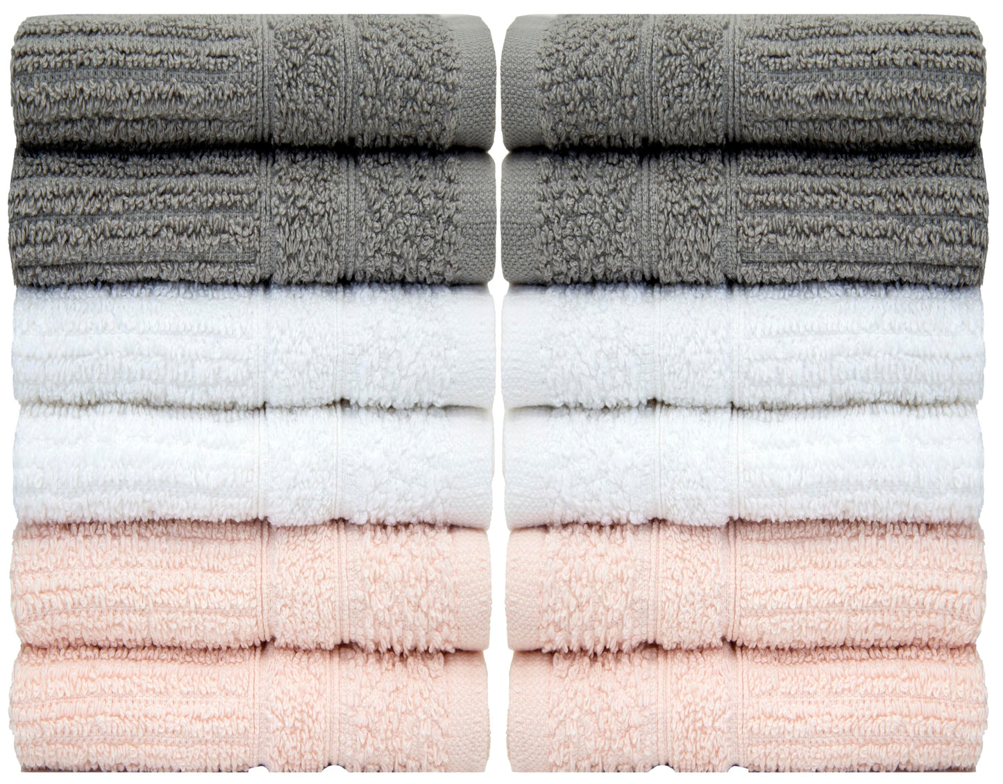 PH Pleasant Home Ribbed Wash Cloths Set - 12 Pack (12” x 12”) – 509 GSM - 100% Ring Spun Cotton Wash Cloth - Super Soft and Highly Absorbent Face Towels (Light Grey, White & Pink)