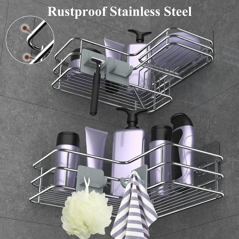 Nieifi Corner Shower Caddy with Built-In Soap Holder with Hooks, Shower Organizer Shelf Rack Basket Storage, Rust Proof Stainless Steel Bathroom Shelves Drill Free 2 Pack For 90-Degree Corner Only