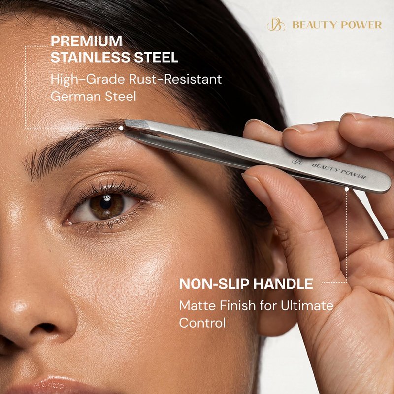 Beauty Power Professional Tweezers in Case - Slant, Durable Lightweight German Stainless Steel, Ultra Precision Tweezers for Eyebrows, Facial Hair, Chin, and Ingrown Hair Removal - Gift Idea - Gray