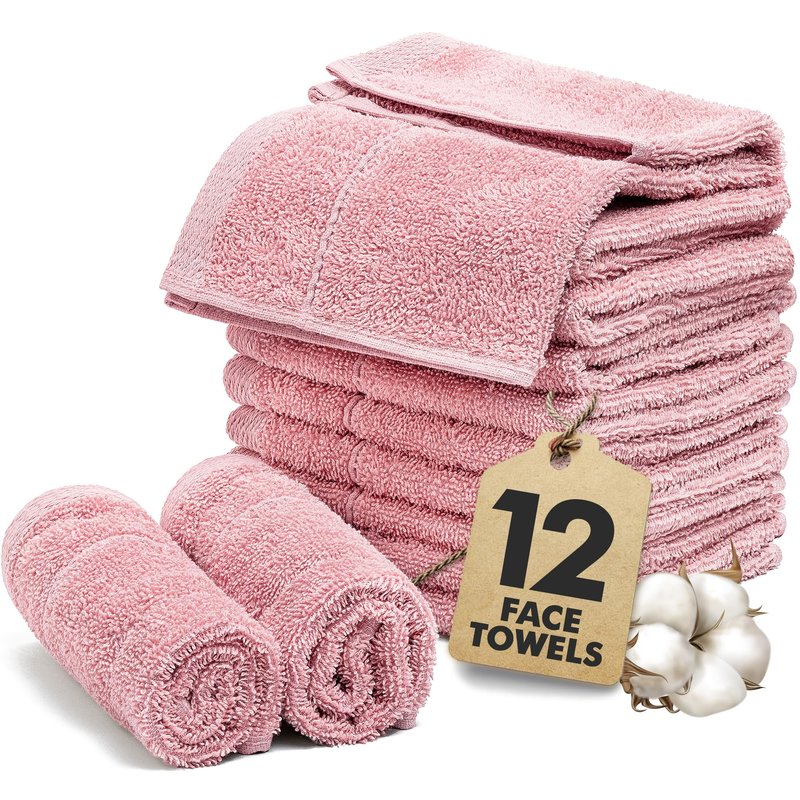 Novo Home Face Towels Pack of 12 – 100% Cotton Wash Cloths (12x12 inch) – Soft, Quick Dry & Highly Absorbent Hand Towels for Bathroom, Spa, Gym, Kitchen and for Daily Use - (Baby Pink)