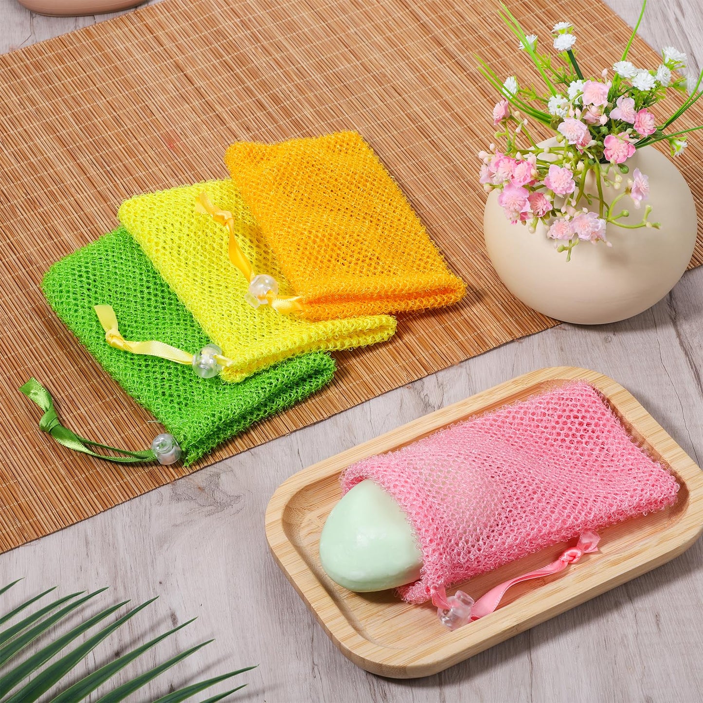 4 Pieces Exfoliating Soap Bag for Shower, Bar Soap Saver Pouch Body Scrubber Exfoliator Pocket with Drawstring Foaming Soaps Holder for Shower, Travel Bathing (5.5 x 3.5 Inches)