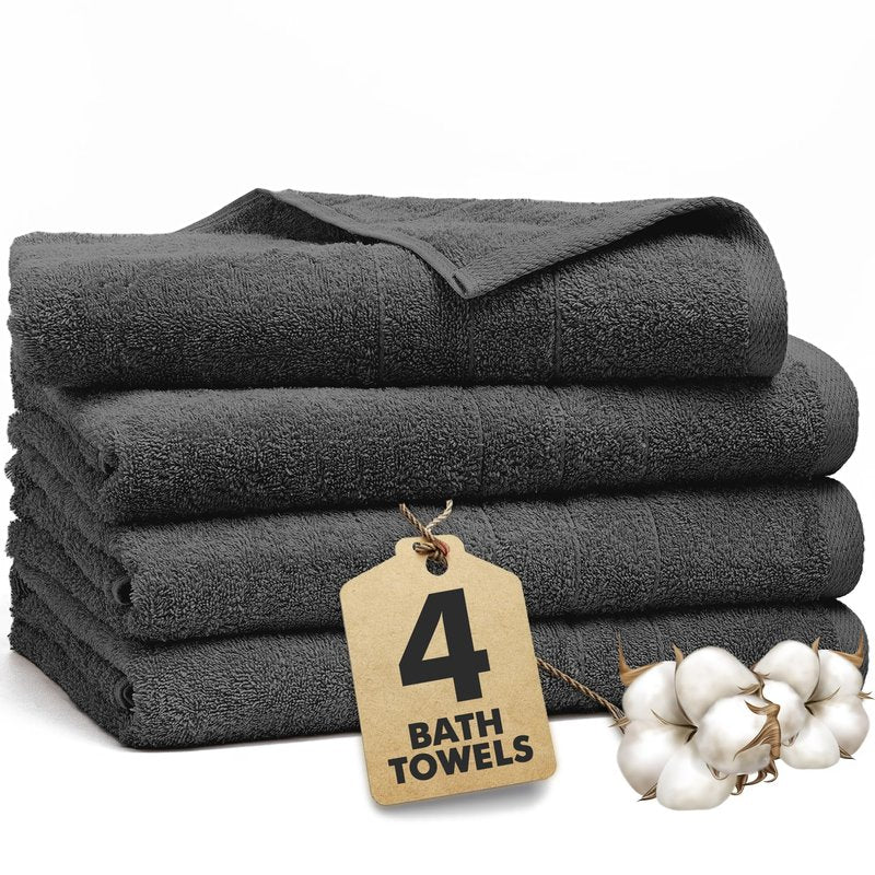 Novo Home Bath Towels Set of 4 – 100% Ring Spun Cotton Dark Grey Extra Large Towels for Bathroom, Spa Use (55x28 in) – 550 GSM Super Soft and Quick Dry Large Bath Sheets for Adults