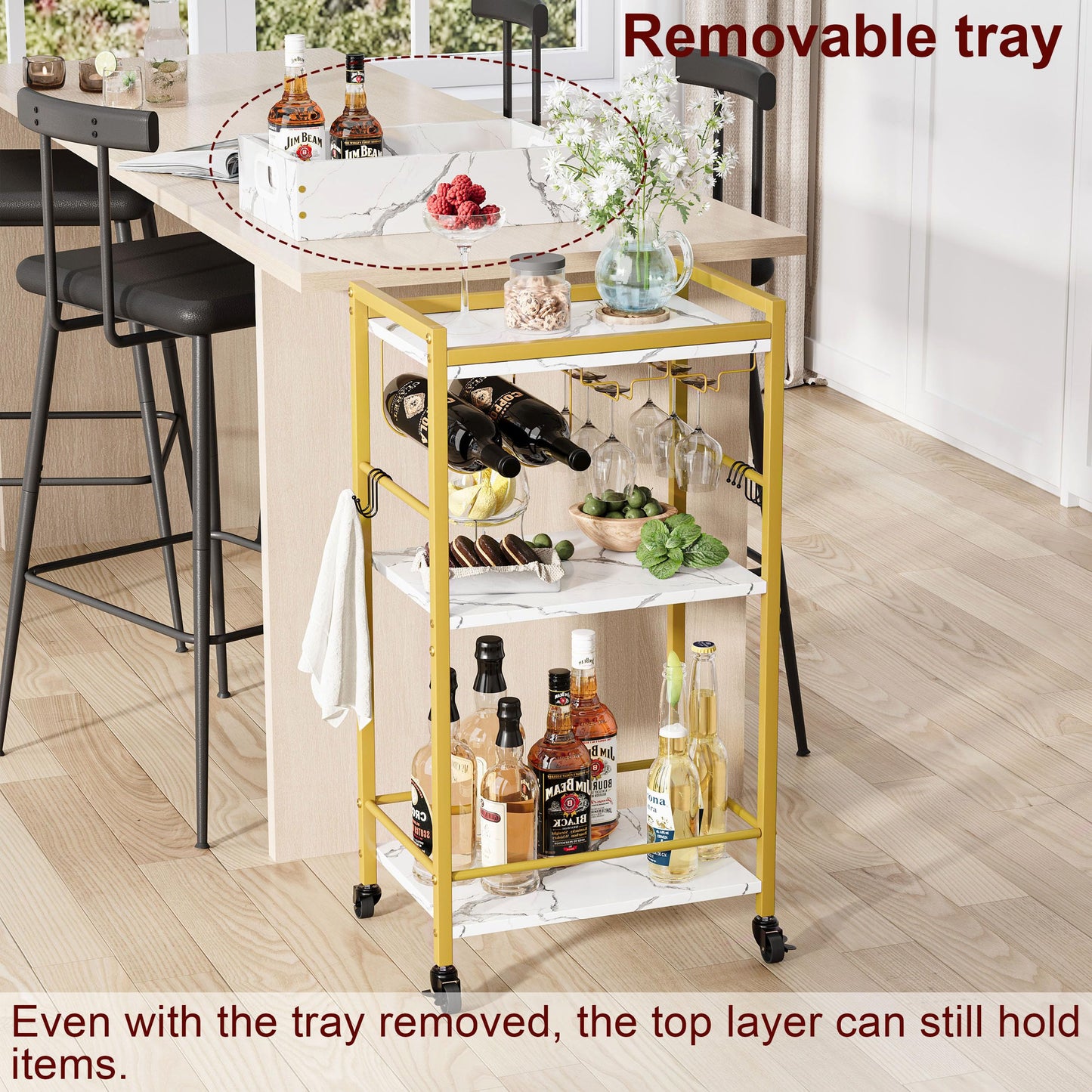 YAUKTAK 3-Tier Gold Bar Cart with Removable Tray, Small Bar Carts with Wheels, Rolling Beverage Cart, Drink Cart, Gold Wine Cart with Wine Rack for Kitchen, Living Room GBC513G