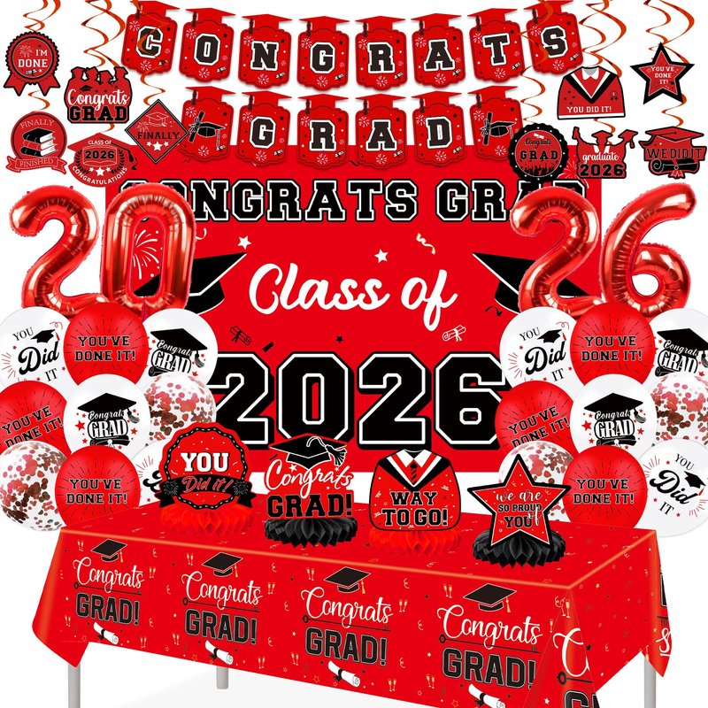 DMIGHT Graduation Decorations 2026, Class of 2026 Backdrop, Banner, 2026 Foil Balloons, Tablecloth, Hanging Swirls, Honeycomb Centerpieces, Party Supplies Decorations Set for College (RED)