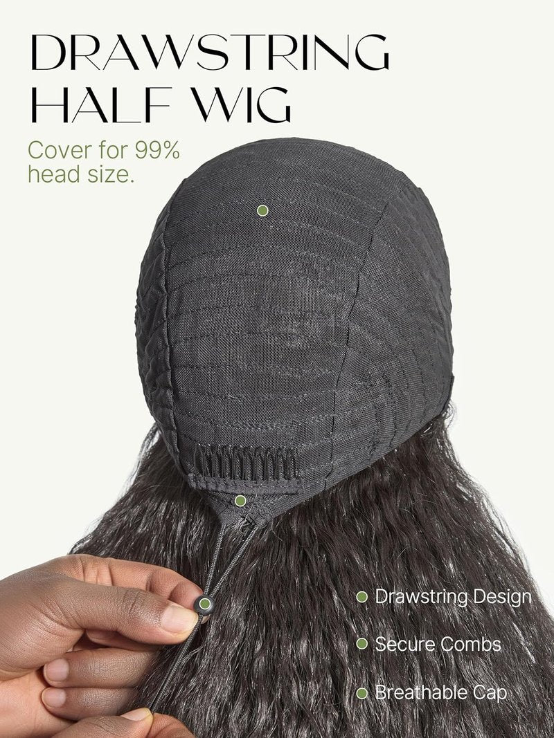 Frodio Kinky Curly Half Wig 20 Inches Veralux Fiber Blend Human Hair 3 in 1 Drawstring 200% Density Glueless Wig with Unique Bouncy Curl in the End, Natural Black Ready to Go Headband Wig for Women