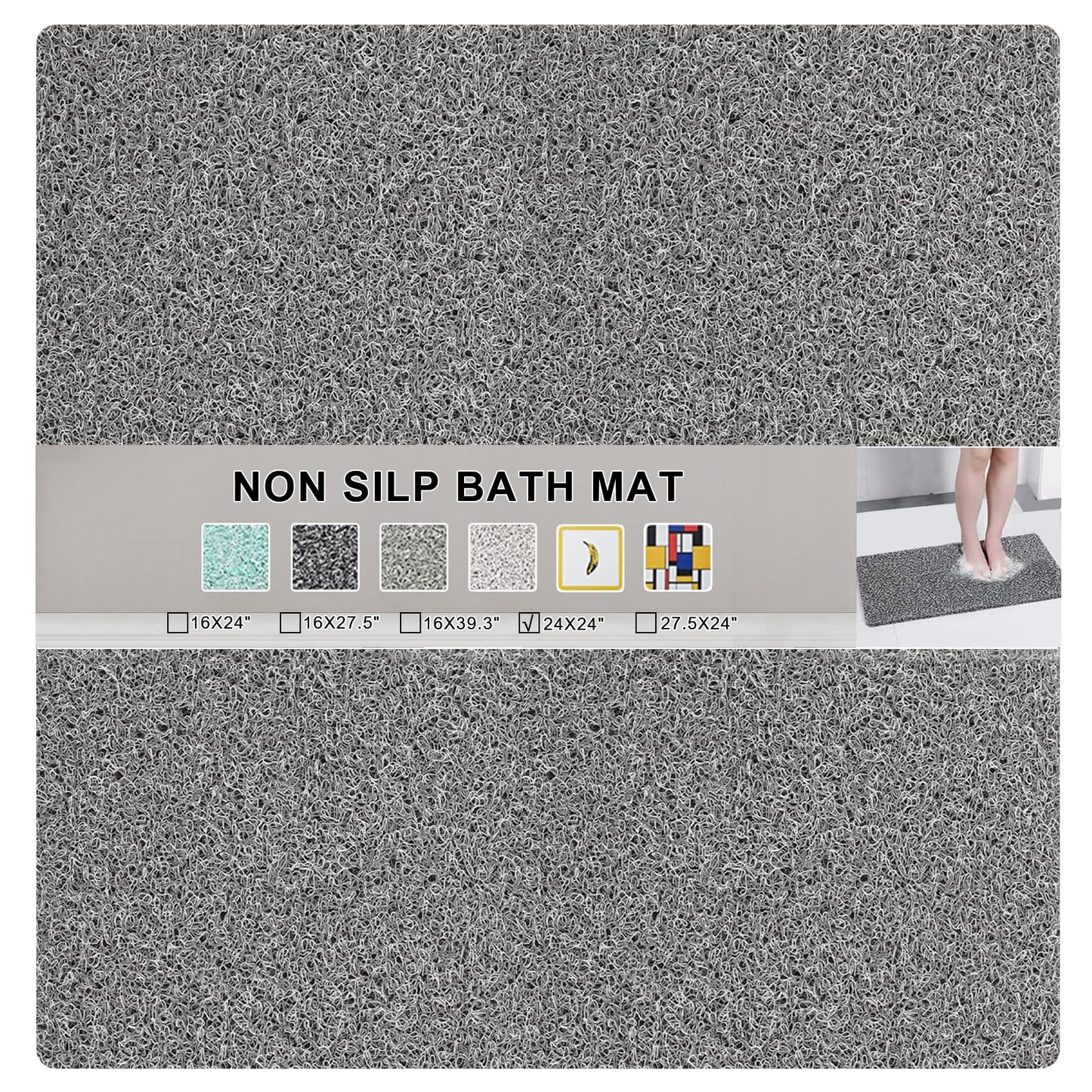 Nonslip Bathtub Mat, Anti Slip Bath Mat 0.6" Extra Thick, Quick Dry Bath Tub Anti Slip Shower Mat, Loofah Non-Slip Bath Mat for Tub Bathroom Pool Kitchen Entryway Home Hotel(Grey 24x24)