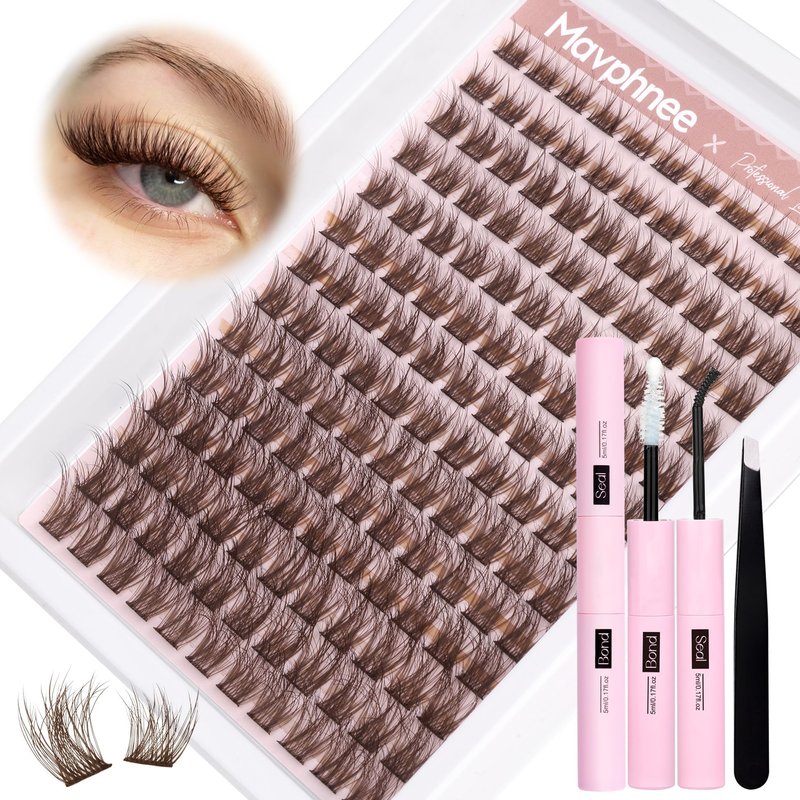 Brown Lash Clusters Kit Natural Dark Brown Eyelash Extensions Kit Wispy Individual Lashes C-Curly Cluster Lashes Extensions with Bond and Seal Lash Glue and Eyelashes Tweezers Lash Kit
