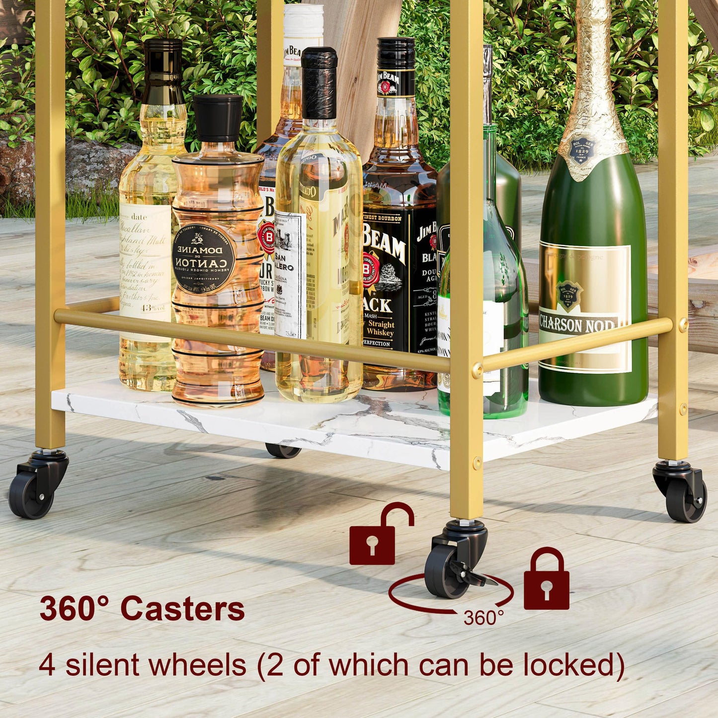 YAUKTAK 3-Tier Gold Bar Cart with Removable Tray, Small Bar Carts with Wheels, Rolling Beverage Cart, Drink Cart, Gold Wine Cart with Wine Rack for Kitchen, Living Room GBC513G
