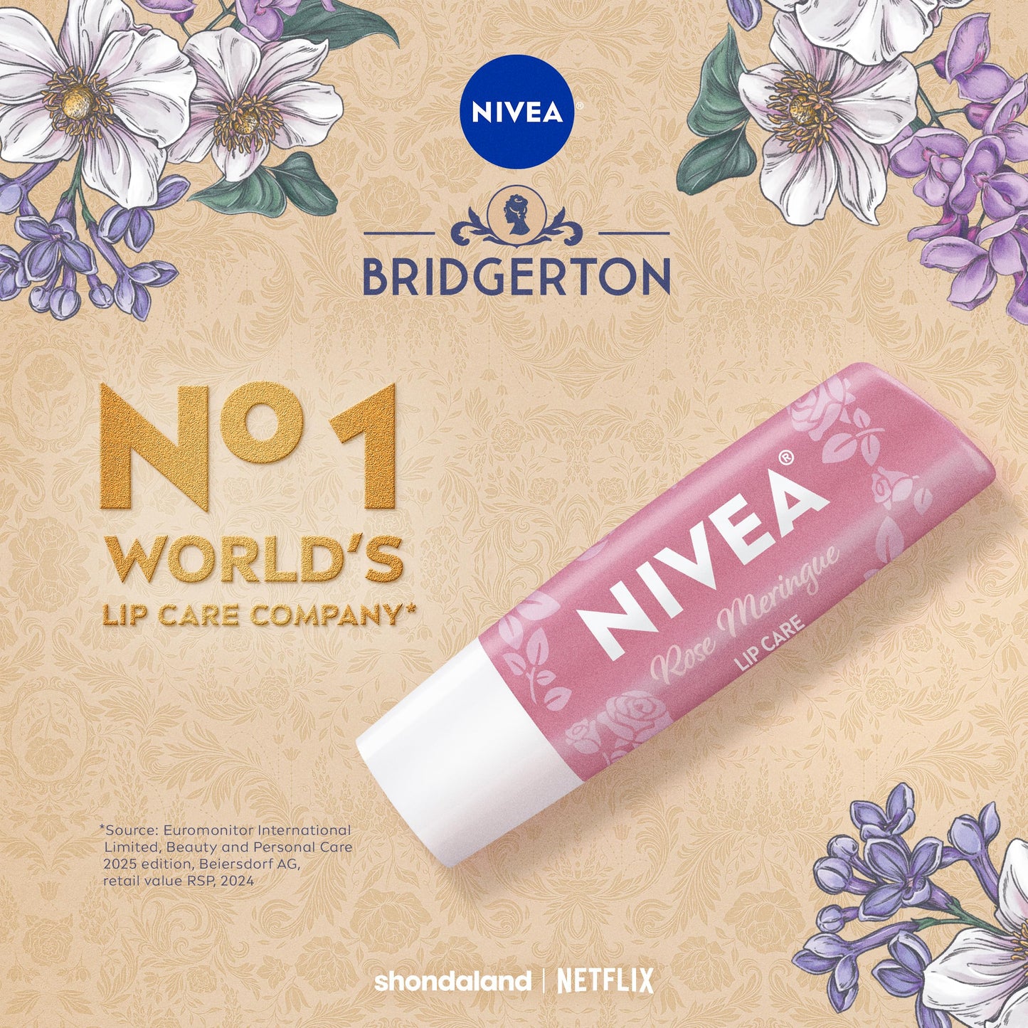 NIVEA Rose Meringue Lip Balm, Nourishing Lip Care, Bridgerton Limited Edition Moisturizing Lip Balm with Shea Butter, 3-in-1 Moisture, Repair and Nourish, 0.17 Oz Stick