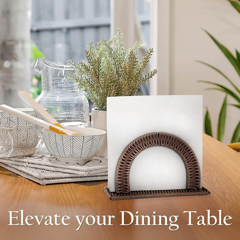 Rustic Paper Napkin Holder - Upright Dinner Napkin Dispenser | Dark Brown Resin Wicker Design