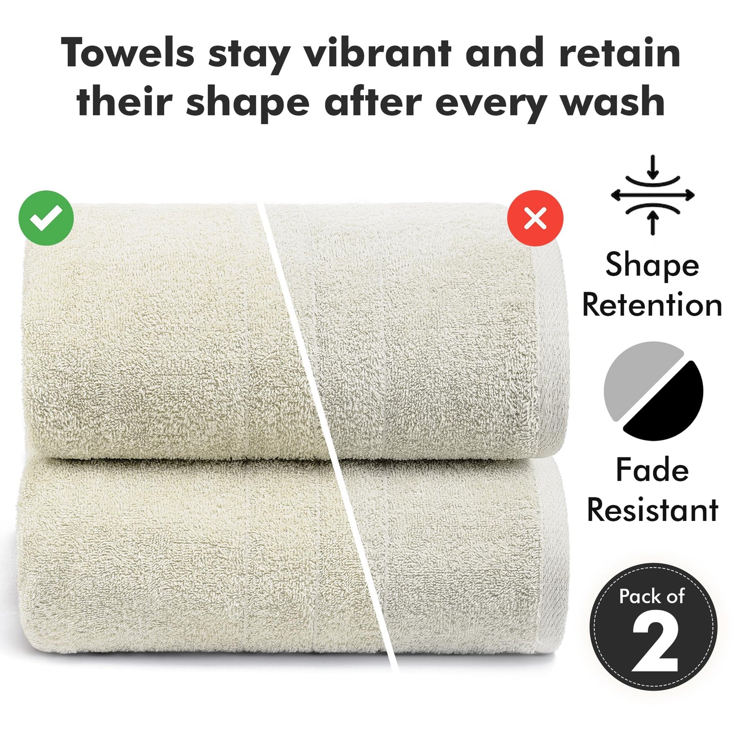 Novo Home Bath Sheets – Extra Large Bathroom Sheet Set – Pack of 2 Jumbo Towels Ivory (71x35in) – 100% Cotton Soft Quick Dry Large Bath Towels for Adults Hotel Spa Bathroom Use