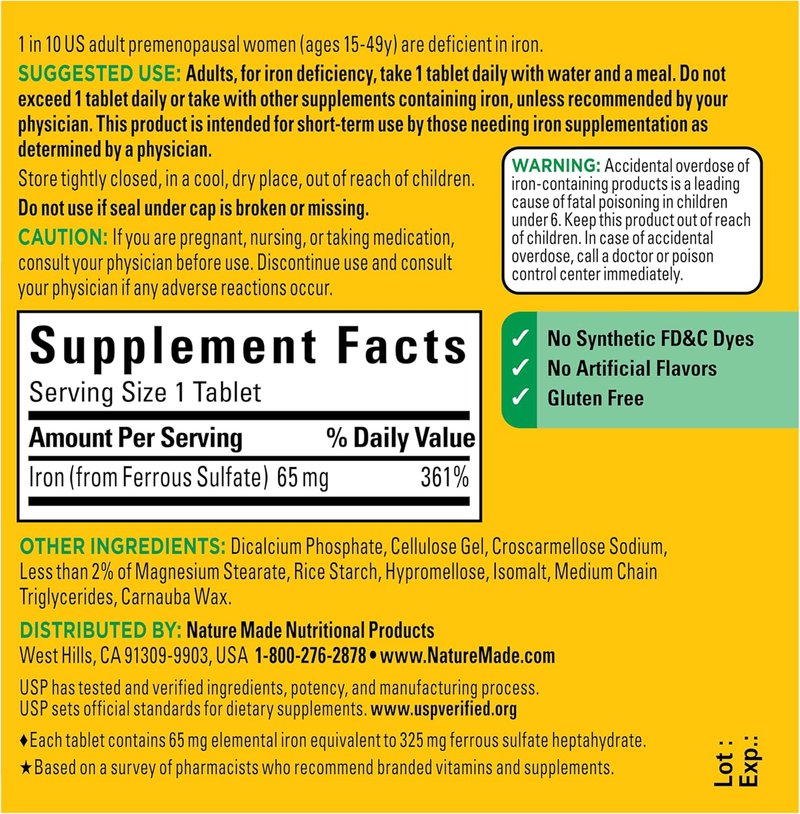Iron Supplements for Red Blood Cell Support - Nature Made 65 mg Ferrous Sulfate | 180 Tablets