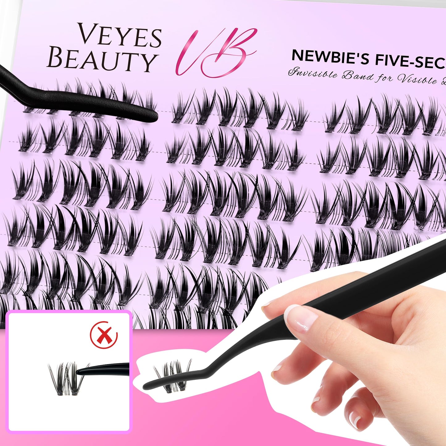 VEYESBEAUTY Lash Clusters Kit Eyelash Extensions Thin & Invisible Band DIY Individual False Eyelashes Newbie's Five-Second Series Lash Tray for Self-application, Whisper Lash 8-16mm Mixed Length