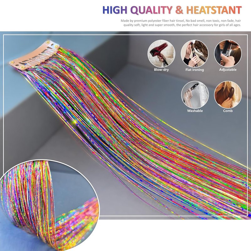 ONROCL Hair Tinsel Extensions - 12 Pcs 24 Inch Colorful Glitter Clips for Festival & Party Looks