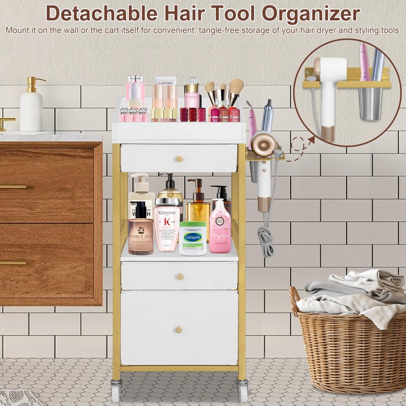 NauwaBarn Makeup Organizer Cart with 3 Drawers, Rolling Vanity Organizer with Adjustable Dividers, Detachable Hair Tool Holder, Lockable Wheels for Small Spaces, Gold & White