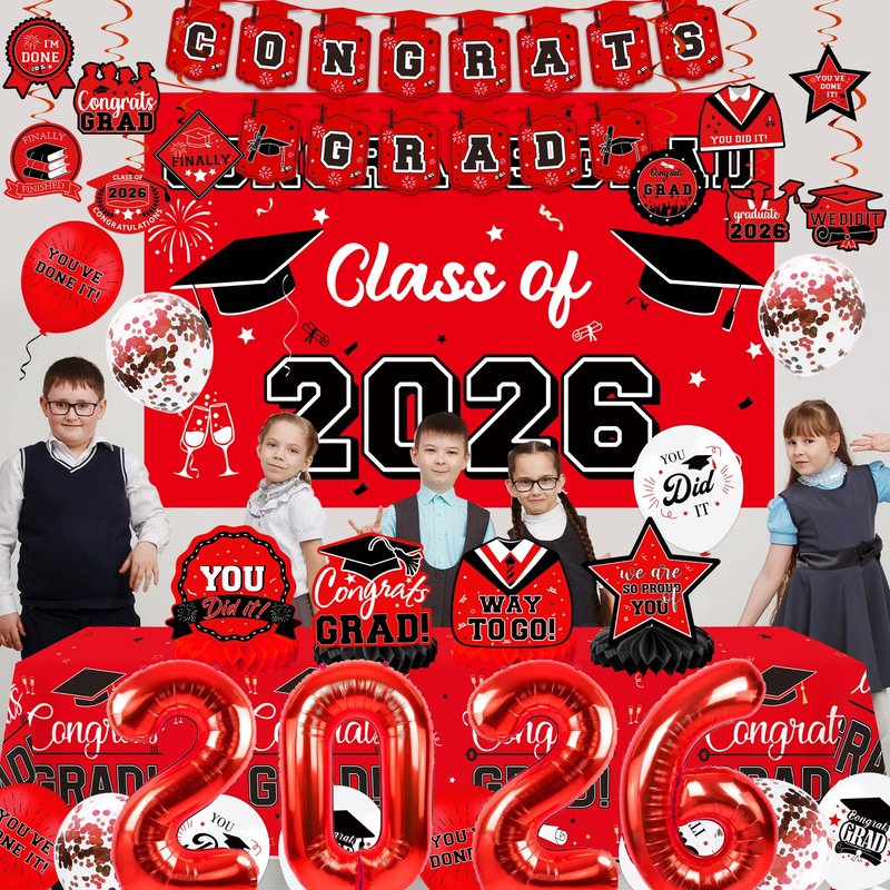 DMIGHT Graduation Decorations 2026, Class of 2026 Backdrop, Banner, 2026 Foil Balloons, Tablecloth, Hanging Swirls, Honeycomb Centerpieces, Party Supplies Decorations Set for College (RED)