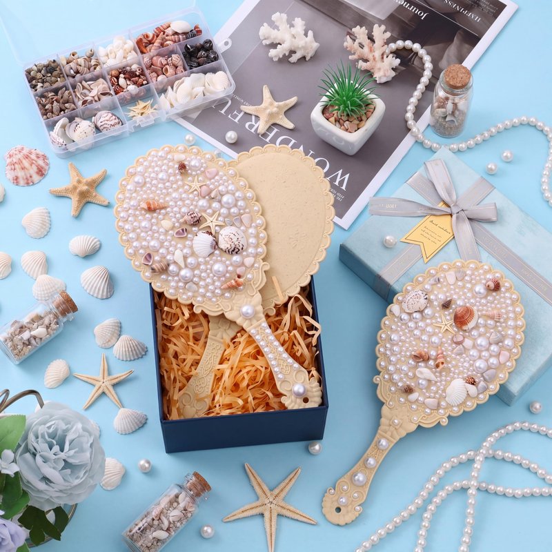 Chumia 6 Set Mermaid Hand Mirror Crafts Kit Creative DIY with Shells Flatback Half-Pearls Starfish and Tools Decorate Your Own Mirror Party Favor for Women Bride Mermaid Birthday Wedding Gift