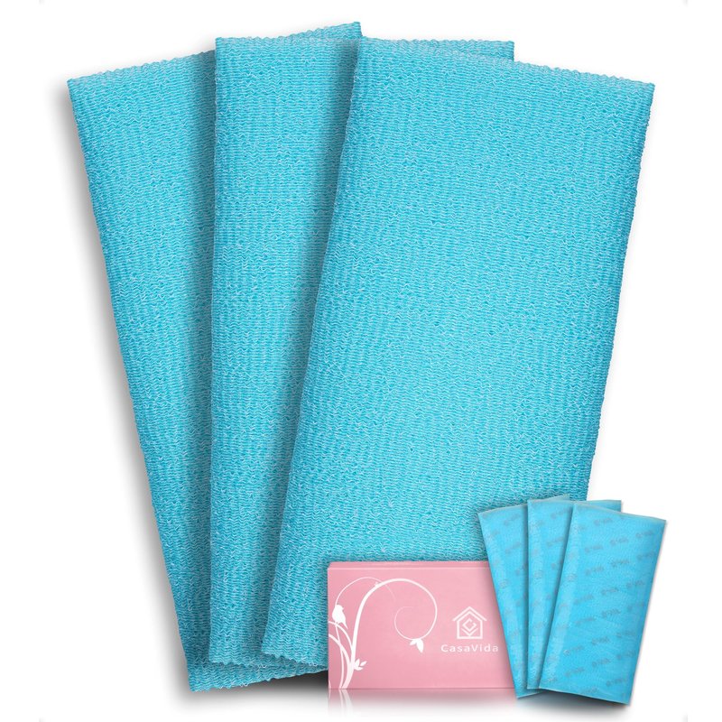 CASAVIDA Exfoliating Washcloth Back Scrubber for Shower Exfoliating Body Scrubber Japanese Beauty Washcloth African Net Sponge Bath Korean Loofah Towel Wash Cloth Shower Scrub Towel 3 Pack (Blue x 3)