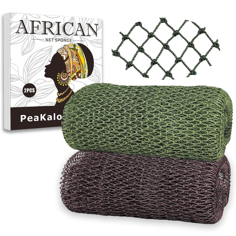 PeaKalo 2Pcs African Net Sponge Authentic, Gentle Cleansing African Exfoliating Net Sponge Shower Loofah Sponge for All Skin Types, Back Scrubber for Shower Body Scrubber (Dark Green & Brown)