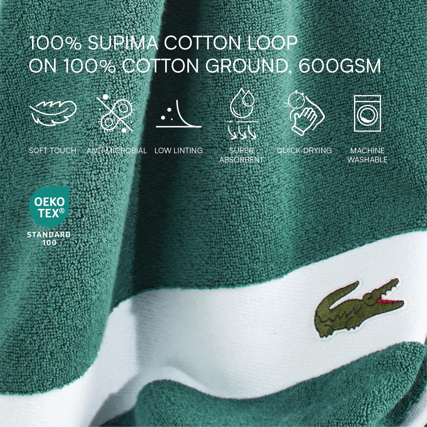 Lacoste Sport Stripe 6-Piece Luxury Cotton Towel Set – Made with 100% Soft Supima Cotton, Absorbent & Quick-Drying, Includes 2 Bath Towels, 2 Hand Towels, 2 Washcloths, Croc Green