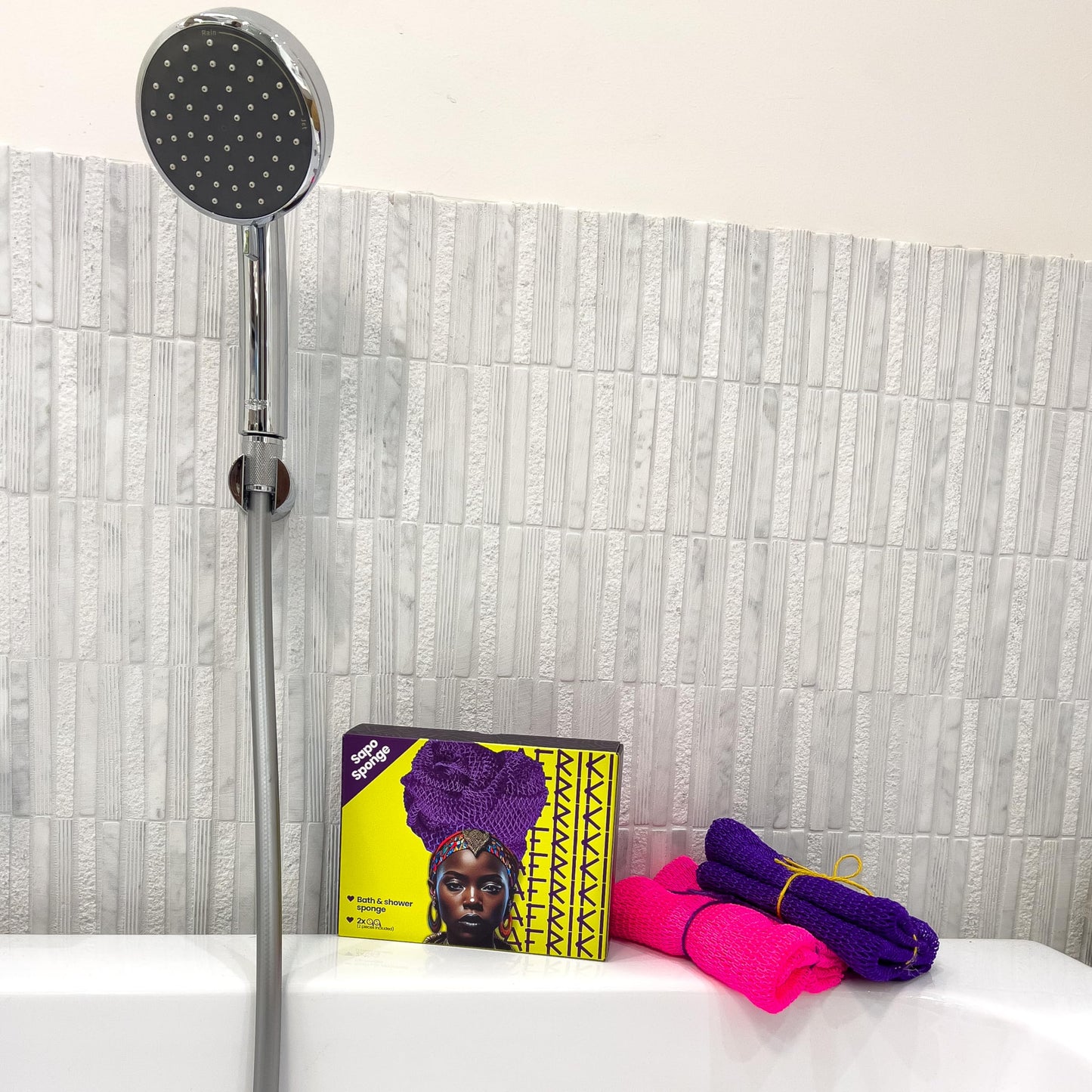 African Net Sponge, Premium Authentic Exfoliating Body Scrubber, Extra Long Stretch Bath Sponge for Shower, Deep Exfoliating Washcloth for Smooth Skin, 2 Pack (Purple & Pink)