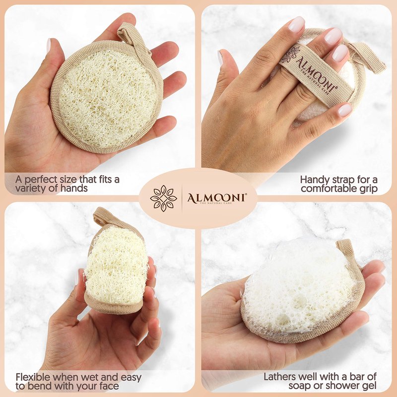 Almooni Natural Loofah Facial Pads, Egyptian Loofah Exfoliating Face Scrubber for Cleansing, Dual-Sided with Terry Cloth, Comes with Biodegradable Packaging, 6-Count