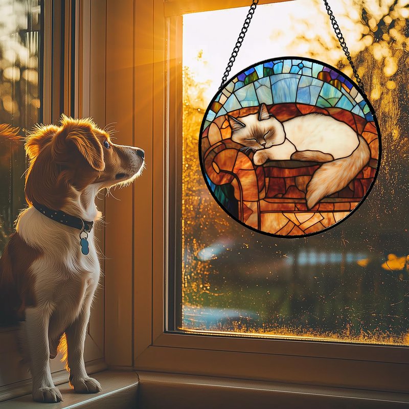 GEFOS Stained Glass Window Hanging Cat Sleeping On The Sofa 7.8" - Suncatcher Door Garden Sunroom Sun Catcher Home Decor Birthday Christmas for Lost Pets Mom Men Woman