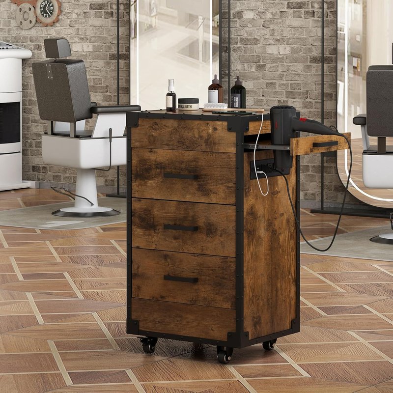 Rolling Station for Hair Stylists - Salon Trolley Cart with Power Outlets | Rustic Brown Storage Solution