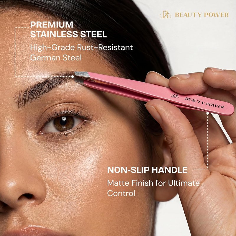 Beauty Power Professional Tweezers Set – Slant & Point, Ultra Precision German Stainless Steel Tweezers for Eyebrows, Chin, Ingrown Hair & Facial Grooming – Lightweight with Case - Gift Idea - Pink