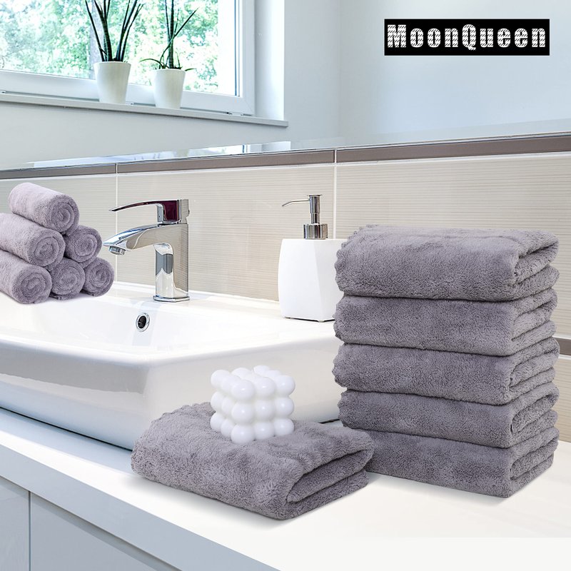 MOONQUEEN 6 Pack Premium Hand Towels - Quick Drying - Microfiber Coral Velvet Highly Absorbent Towels - Multipurpose Use as Hotel, Bathroom, Shower, Spa, Hand Towel 16 x 28 inches (Light Grey)