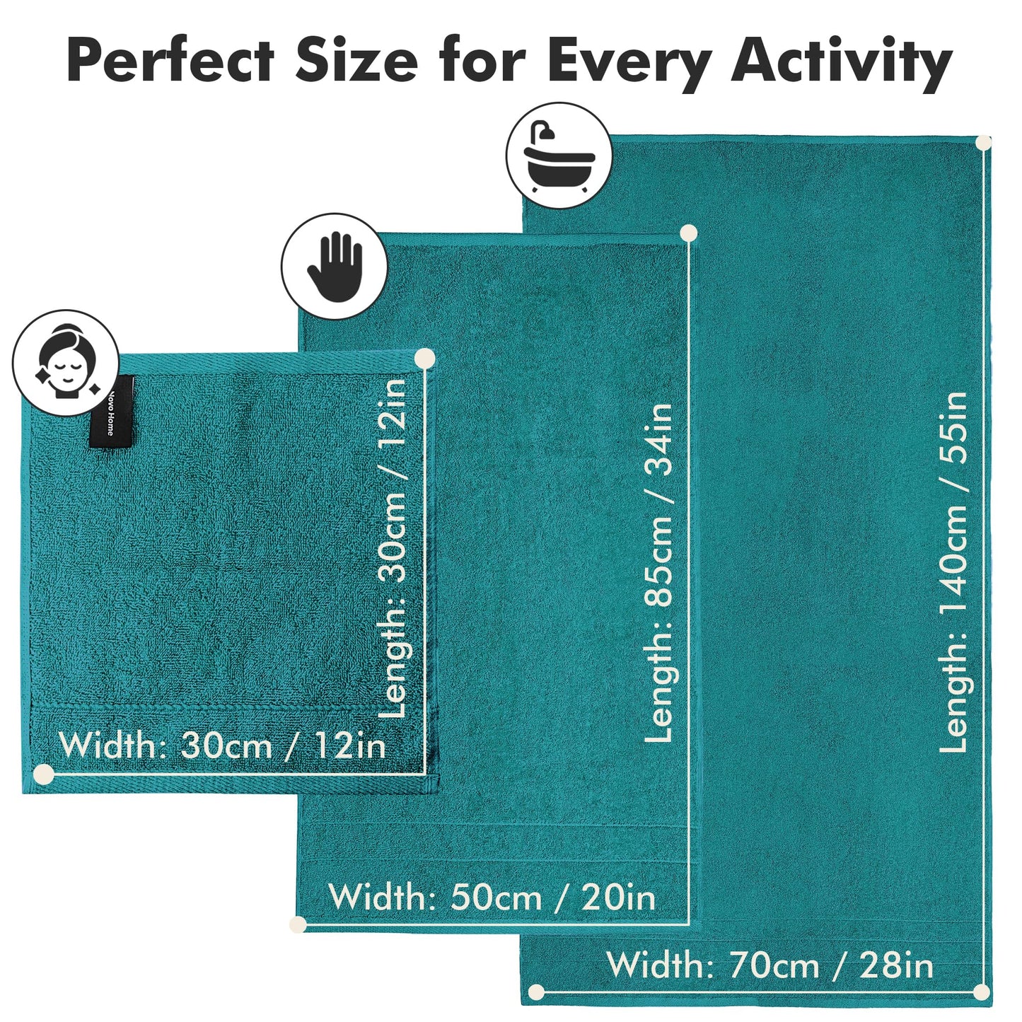 Novo Home Bath Towels Set of 8 – 100% Cotton (Teal) Bathroom Towel Set Bale Includes 2 Bath, 2 Hand, 4 Face Towels – Soft, Absorbent & Quick Dry Towel for Bathroom, Spa, Kitchen, Hotel Use
