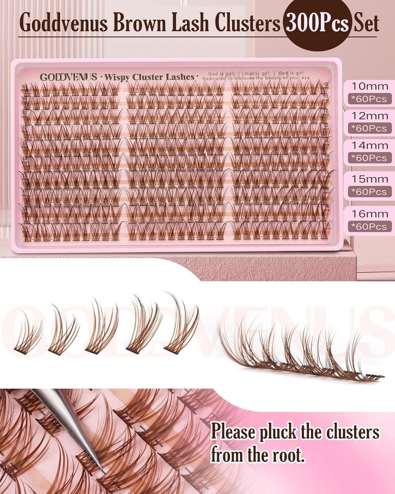 Brown Lash Clusters - Natural Wispy Eyelash Extensions for Soft Glam | 300 Pcs, C Curve, Waterproof (10-16mm)