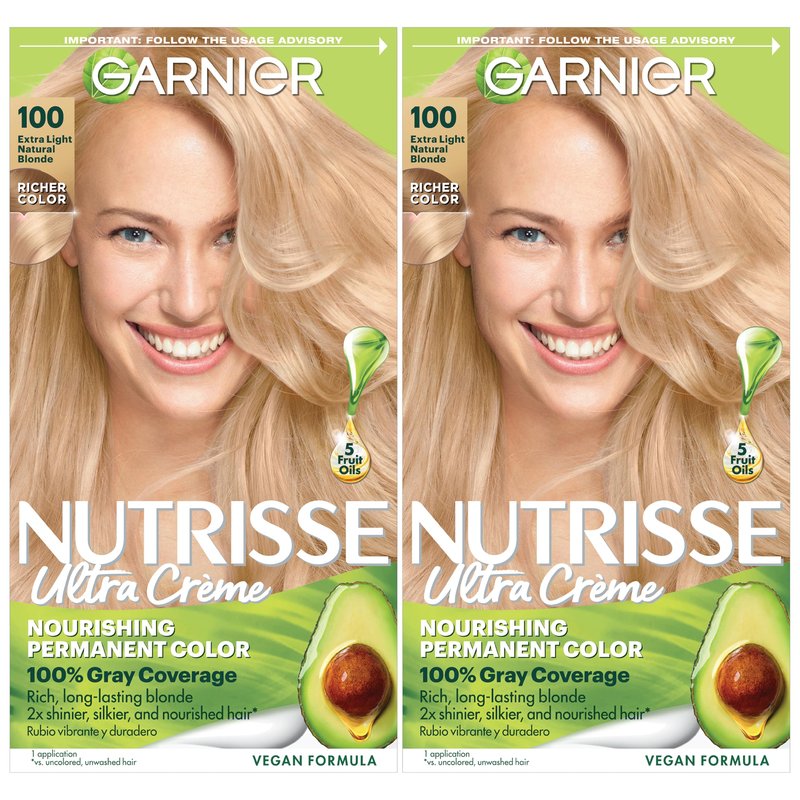 Garnier Nutrisse Ultra Crème Hair Color, Permanent Hair Dye with 100% Gray Coverage, Vegan & Cruelty-Free, 100 Extra-Light Natural Blonde (Chamomile), 2 Count
