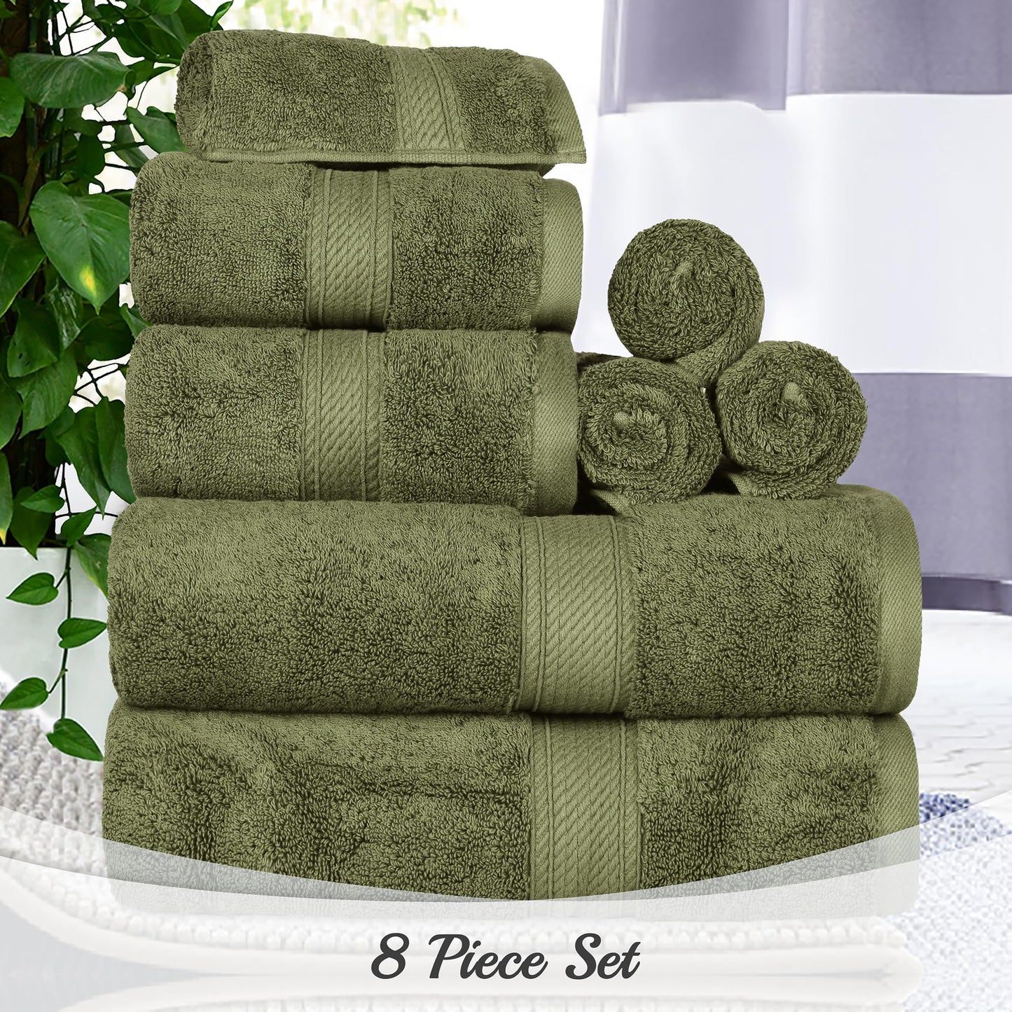 Superior Egyptian Cotton Pile 8 Piece Towel Set, Includes 2 Bath, 2 Hand, 4 Face Towels/ Washcloths, Ultra Soft Luxury Towels, Thick Plush Essentials, Guest Bath, Spa, Hotel Bathroom, Forest Green