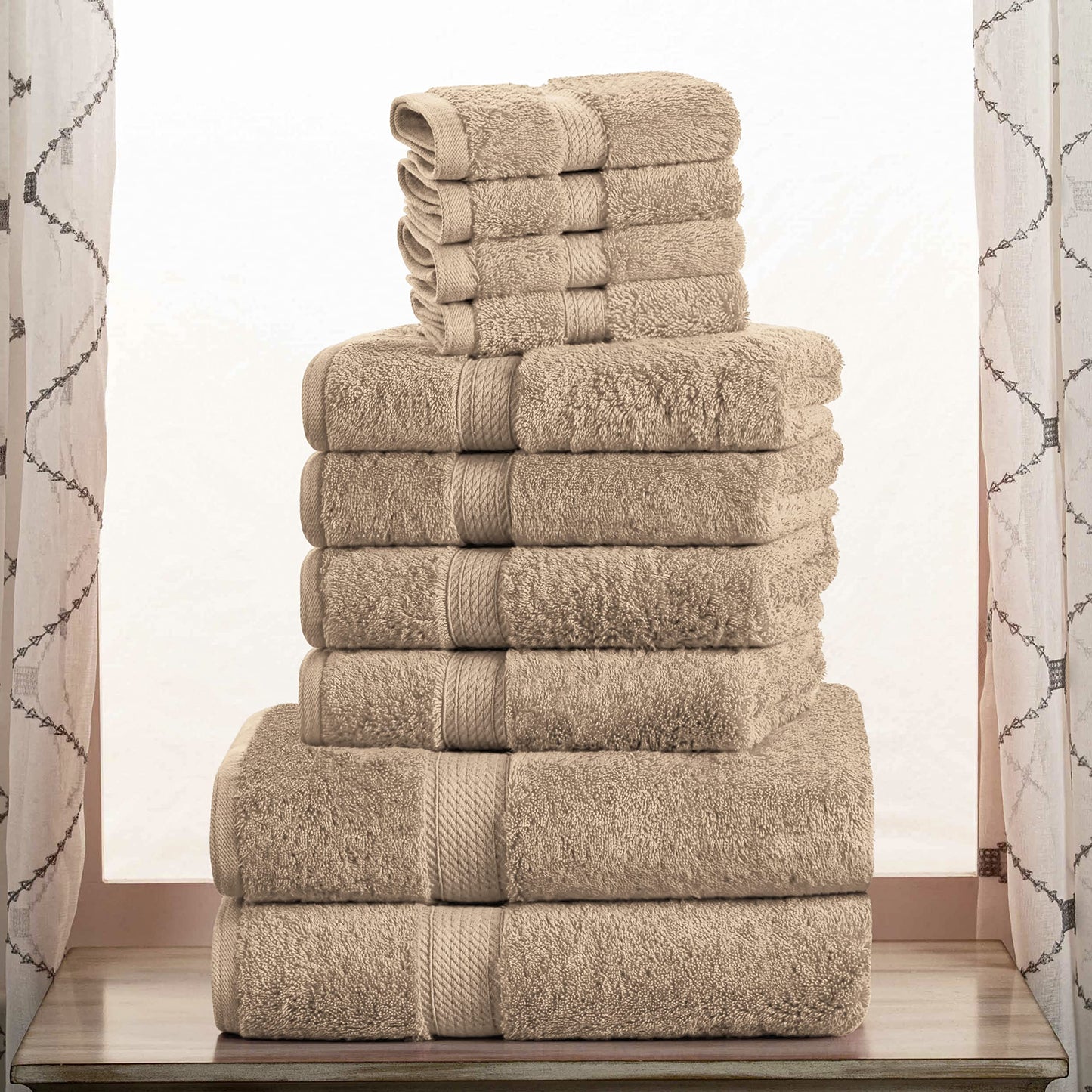 Superior Egyptian Cotton Pile 10 Piece Towel Set, Includes 2 Bath, 4 Hand, 4 Face Towels/ Washcloths, Ultra Soft Luxury Towels, Thick Plush Essentials, Guest Bath, Spa, Hotel Bathroom, Latte
