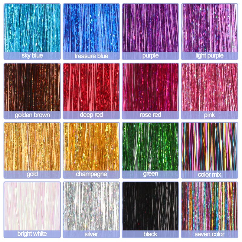 16 Colors Hair Tinsel Kit, ELASO 48 Inches 3300 Strands Tinsel Hair Extensions, Fairy for Christmas Halloween Cosplay Party, Highlights Sparkling Glitter Hair