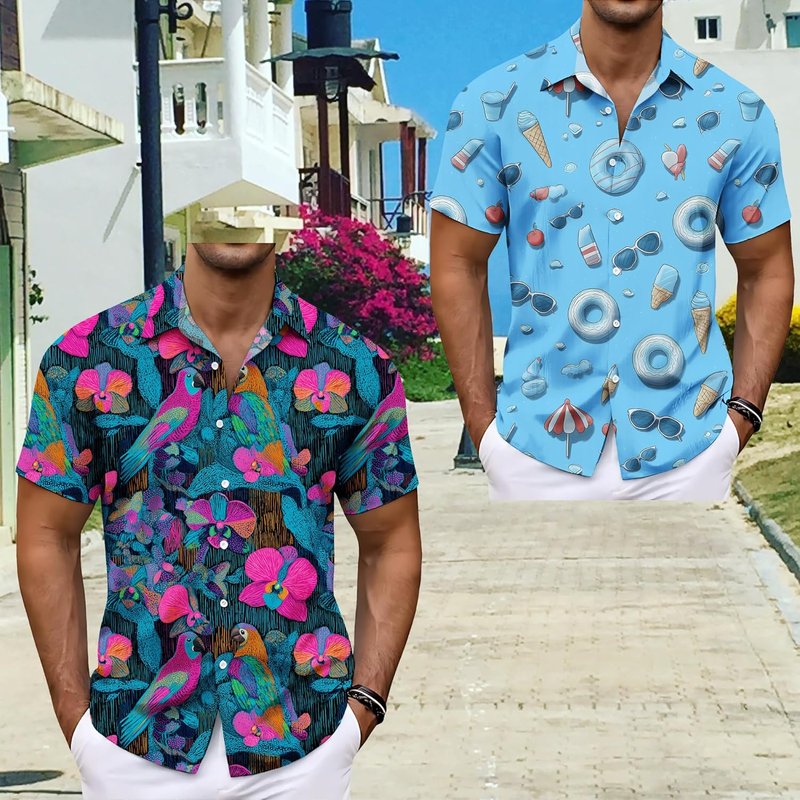 Men's Hawaiian Print V-Neck Summer Shirt - Casual Short Sleeve Beach Top | Funny Graphic Design