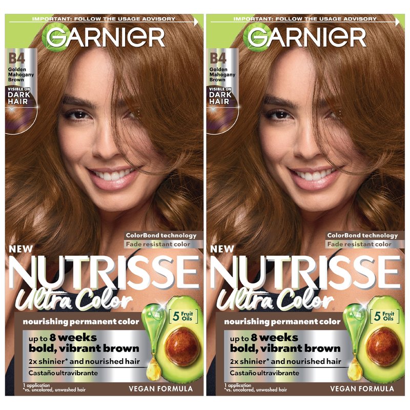 Garnier Nutrisse Ultra Color Hair Color, Permanent Hair Dye for Up to 8 Weeks of Bold, Vibrant, Fade-Resistant Results, Vegan & Cruelty-Free, B4 Golden Mahogany Brown (Caramel Chocolate), 2 Count