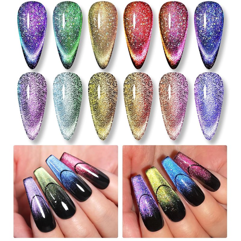Born Pretty 9D Magnetic Gel Nail Polish Set - Holographic Reflective Glitter | 6 Colors, 7ML Each