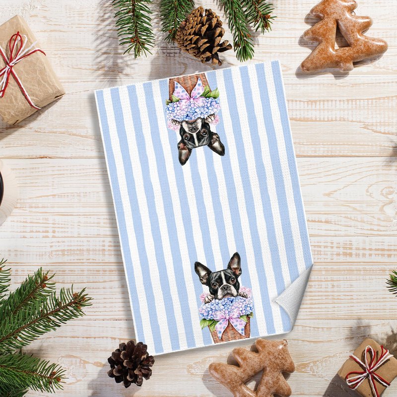 awdschkj Rustic Hydrangea French Bulldog Kitchen Towels, Gifts for French Bulldog Lovers Dish Tea Towels, Blue Striped Chinoiserie Floral Frenchie Dog Decorative Hand Towel for Bathroom, 16x24 Inches
