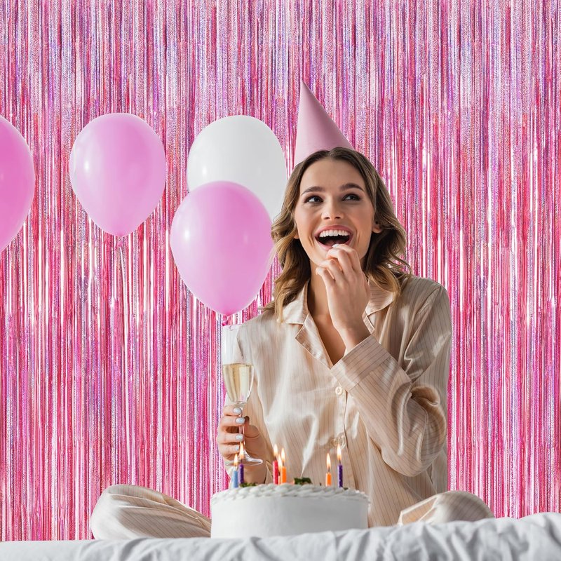 Skiennix Glitter Pink Backdrop - 2 Pack Laser Pink Fringe Curtains | 3.28 FT x 7.05 FT Birthday Party Decor