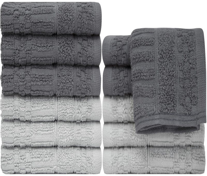 PH Pleasant Home Diagonal Wash Cloths Set - 12 Pack (12” x 12”) – 509 GSM - 100% Ring Spun Cotton Wash Cloth - Super Soft and Highly Absorbent Face Towels (Dark Grey & Light Grey)