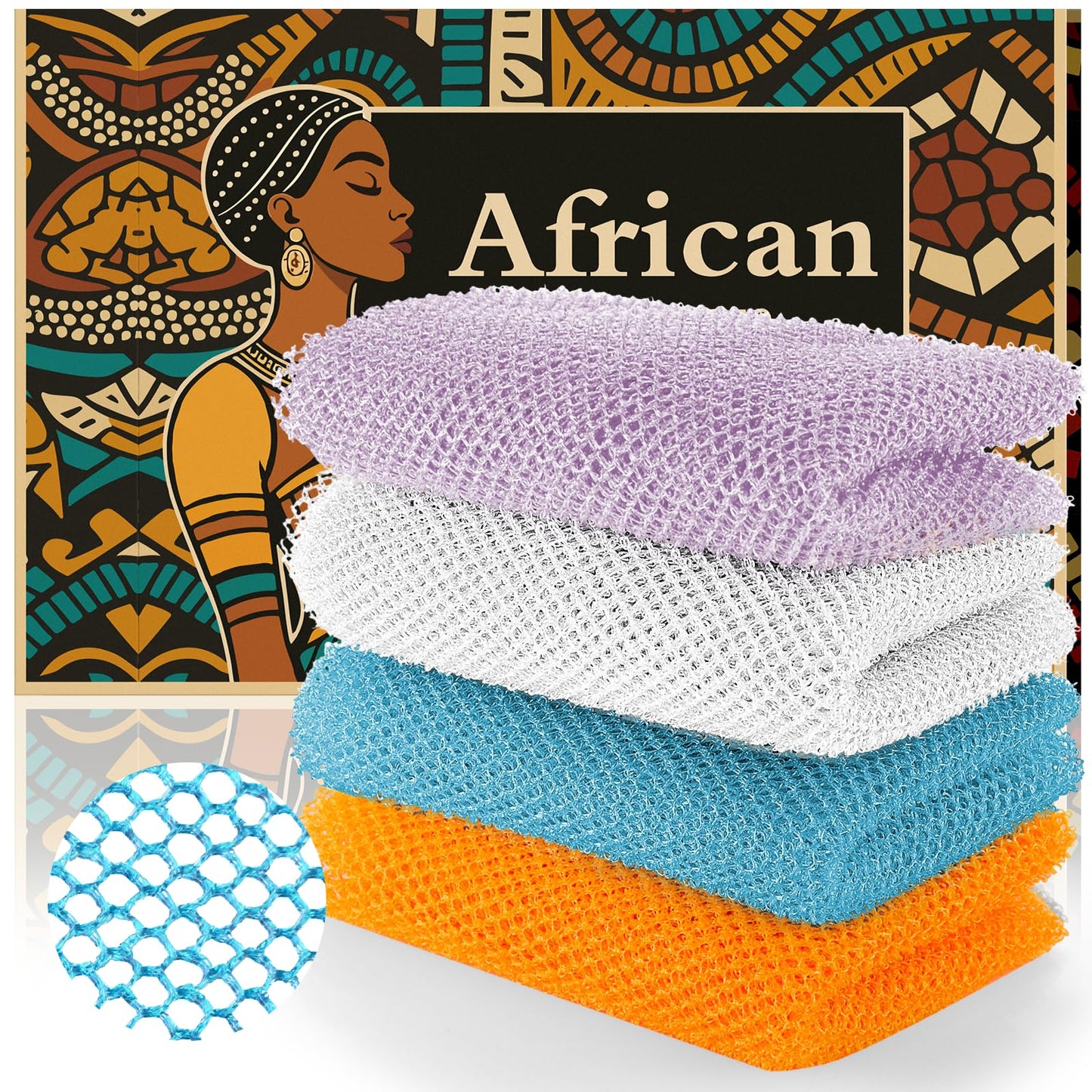 SpiralScgv African Bath Sponge 4 Pieces - Net Exfoliator for Glowing Skin, Long-Lasting Nylon Mesh Scrubber, Gentle Enough for Daily Use (Orange, Blue, White, Purple)