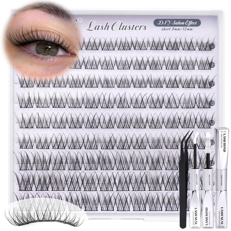 ALICE Short Lash Clusters Kit Natural Wispy Eyelash Clusters Kit 8-12mm Thin Band Cluster Eyelash Extension Kit for No Makeup Makeup Cleangirl Aesthetic