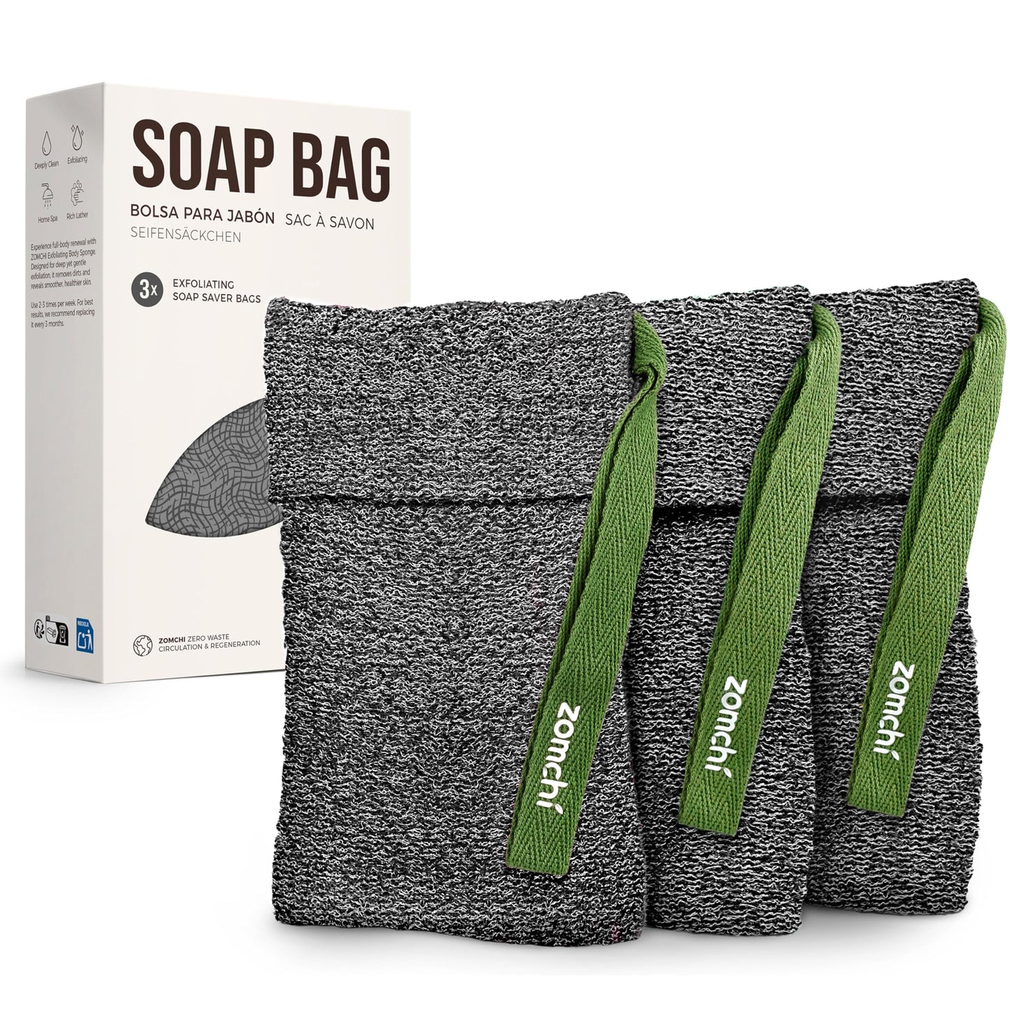 ZOMCHI Exfoliating Soap Bags, 3-Pack Body Scrubber Savers for Bar Soap, Designed for Deep Cleansing & Exfoliation (Gray)