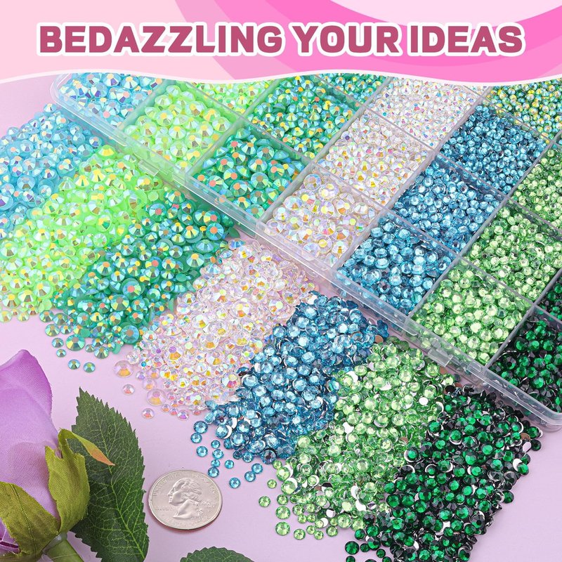 Green Rhinestones for Bedazzling - 20,000 Pcs Resin Gems with B7000 Jewelry Glue | Assorted Sizes 3/4/5/6mm for Crafts & Nail Art