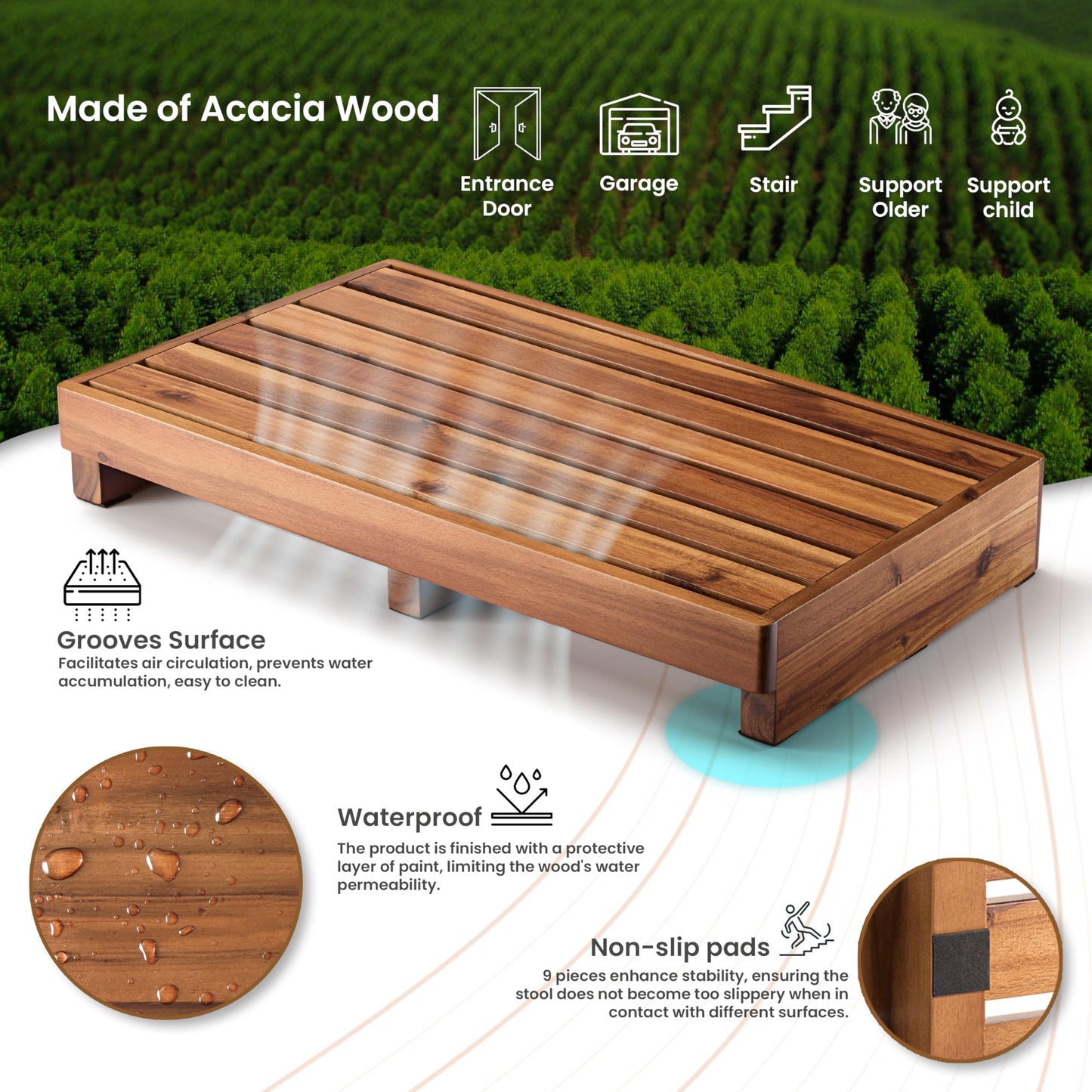 TINAMO 3.5" One Step Stool for Elderly, Acacia Wood High Riser Step Stool for Bed - 550 Lbs Wooden Mobility Stepping Stools for Adults, Kids/Bedside, Bathroom, Kitchen, Garden (Acacia, 3.5" Height)