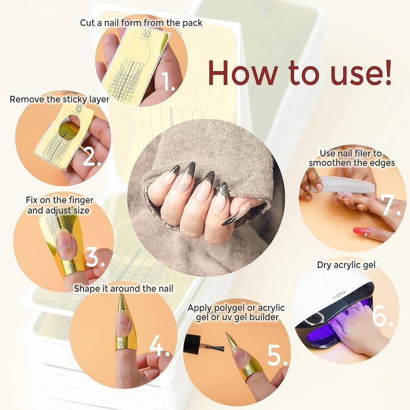Nail Forms for Gel Builder - 100 Self-Adhesive Nail Extension Stickers | Acrylic & UV Gel Tip Sculpting Guide