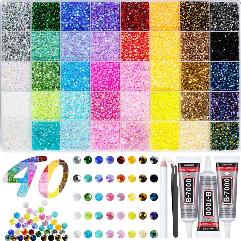 40000+Pcs Resin Jelly Rhinestones for Bedazzling, 3mm Multicolor Flat Back Gems Bedazzler Kit with 3Pcs 10ml B7000 Jewelry Glue, Colorful Bulk Jewels for Book Shoes Crafts Tumblers Nail Art DIY